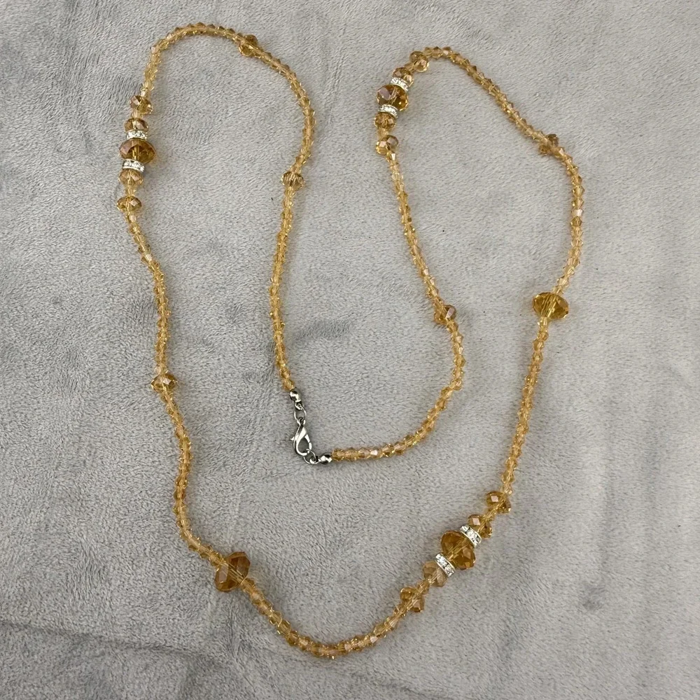 Faceted Glass‎ Beaded Necklace Brown Rhinestone Silver Tone Flapper Opera 34